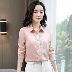纯色衬衫女长袖2021春秋新款气质缎面桑蚕丝洋气蕾丝拼接打底上衣