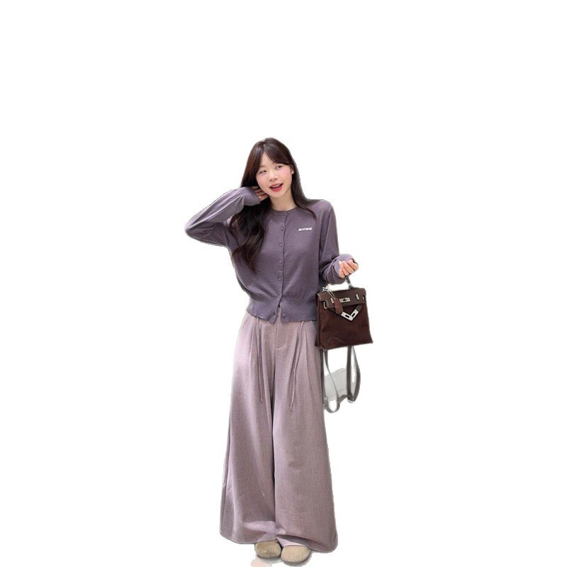 时尚套装女小个子紫色软糯针织开衫2025年春秋季阔腿休闲裤两件套|undefined