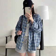 韩系复古蓝色格子衬衫女春秋慵懒风宽松叠穿衬衣长袖防晒上衣外套