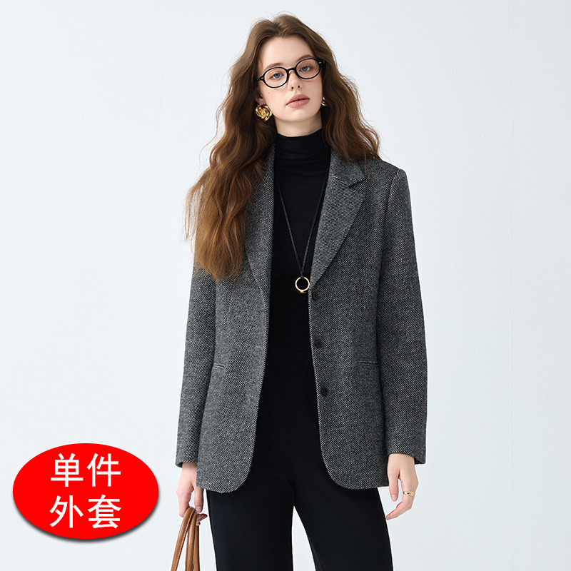 灰色毛呢西装外套女秋冬新款2025高级感气质复古宽松羊毛西服上衣|undefined