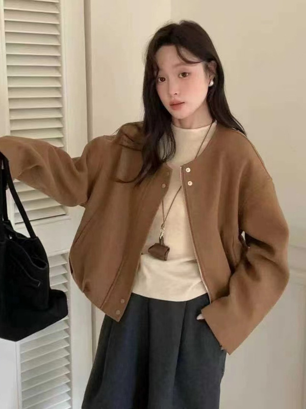韩系圆领短款毛呢外套女欧货2025秋季新款气质时尚宽松格子上衣女|undefined