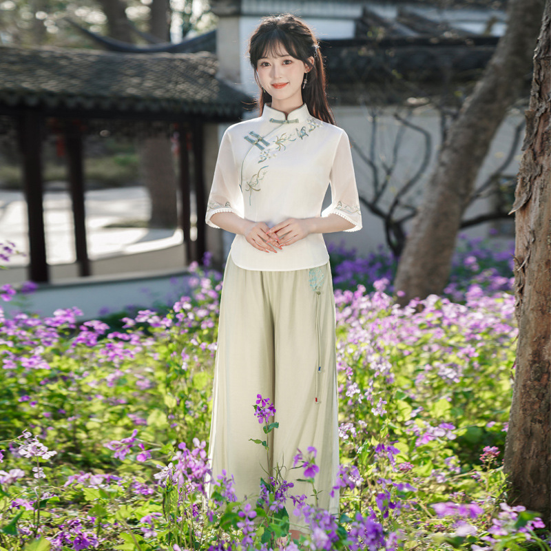 良質中国風夏綿とリネン半袖刺繍スタンドカラースリムレトロ文学茶服トップスーツ|undefined