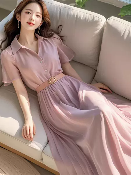 2026 New Summer Style Popular This Year: Simple, Elegant, and High-End Pink-Purple Dress for Women, Mid-Length Dress