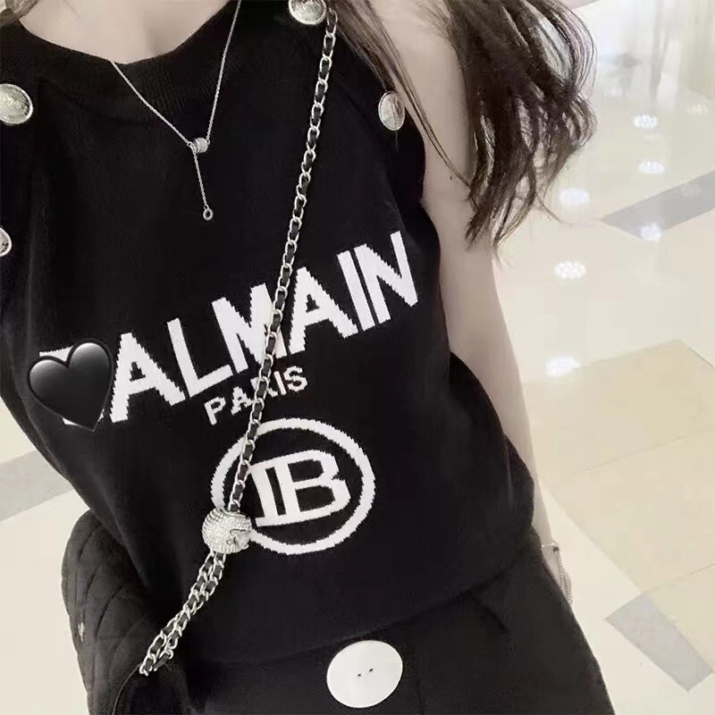 24Ss Balmain Spring and Summer New Bal Jacquard Letter Slim Vest Suspender Women's T-Shirt Ins