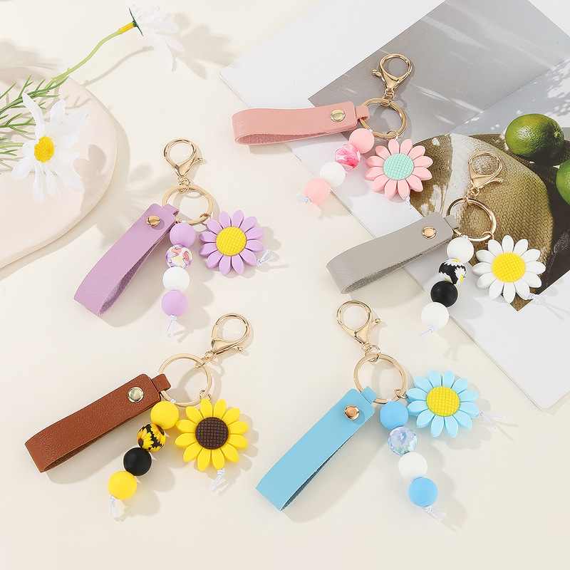 Popular Cross-Border Silicone Bead Daisy Keychain Women's Bag Chain Sunflower Pendant DIY Small Accessories