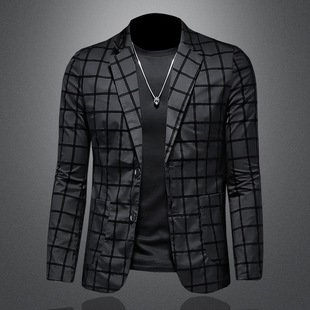 Handsome Classy Flocked Casual Suit Men's Spring & Fall Trendyy Plaid Suit Top Fashion Casual Jacket X6611