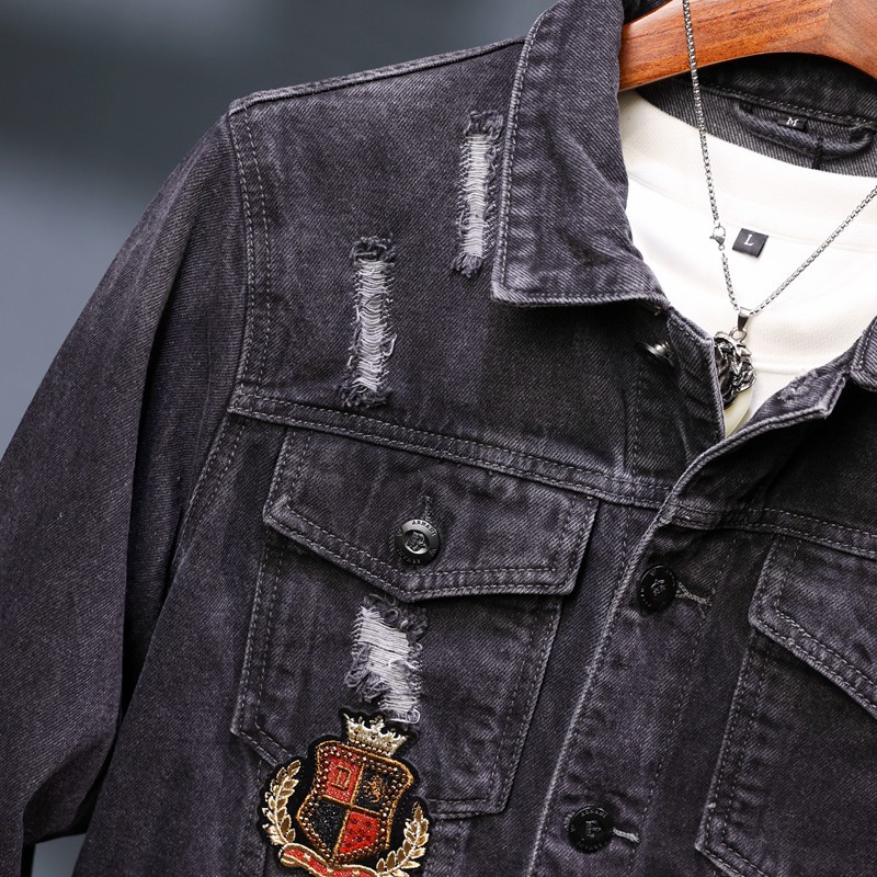 Black Beaded Denim Jacket For Men Locomotive Embroidered Style_voghion.com