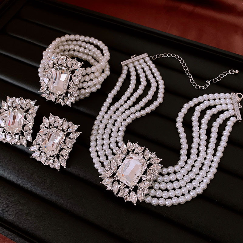 Cross-border diamond-encrusted multi-layered pearl necklace