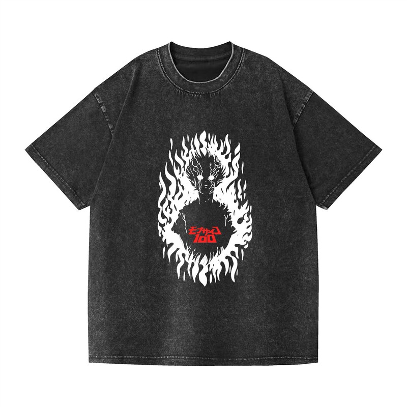 New Foreign Trade Style Washed Short-Sleeve T-Shirt Mob Psycho 100 Loose Fit Summer Retro T-Shirt for Men and Women