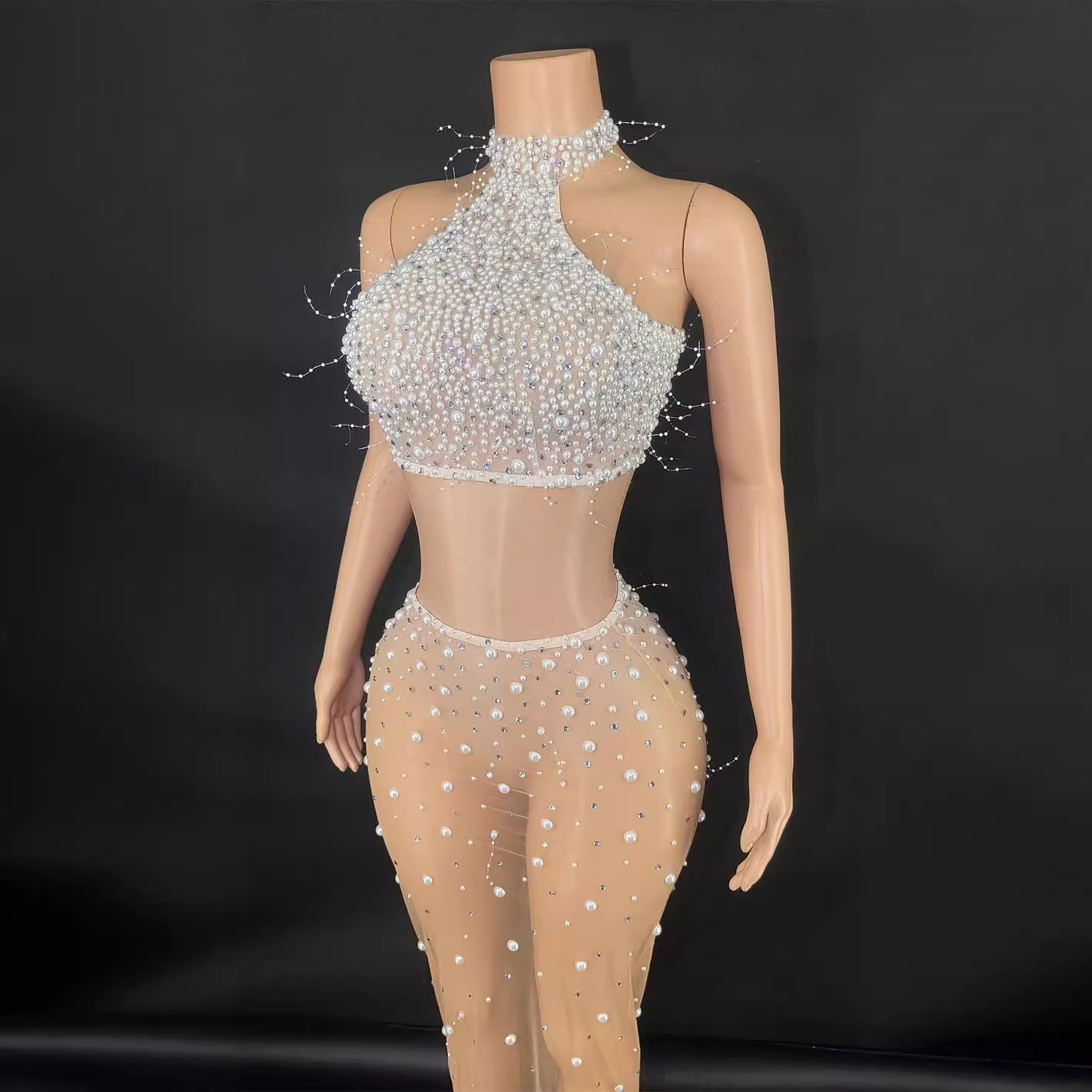 Pearl Full Diamond Halter Top + Slim Skirt Suit Stage Party Beauty Evening Dress Nightclub