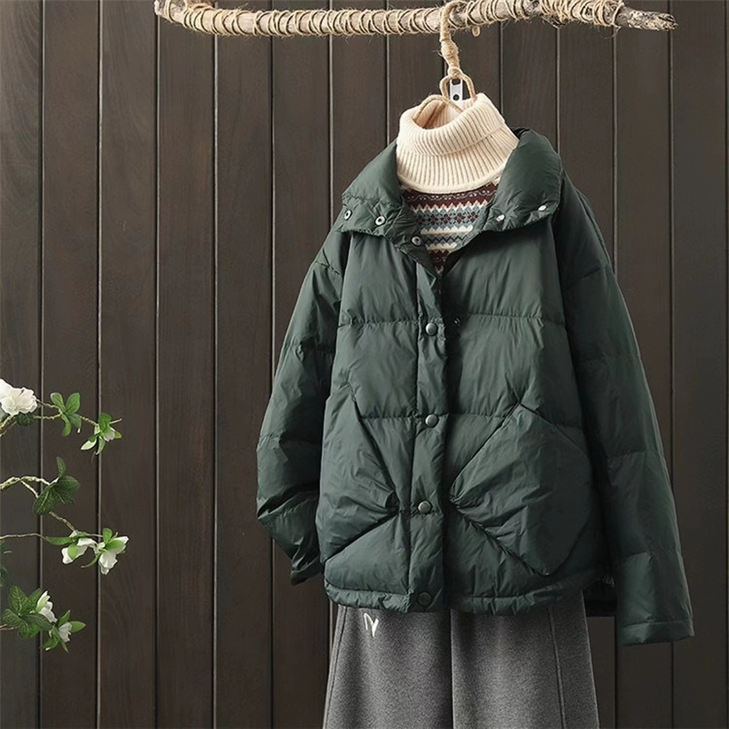 Пальто из бархата с капюшоном и пухом уткой, Oversize