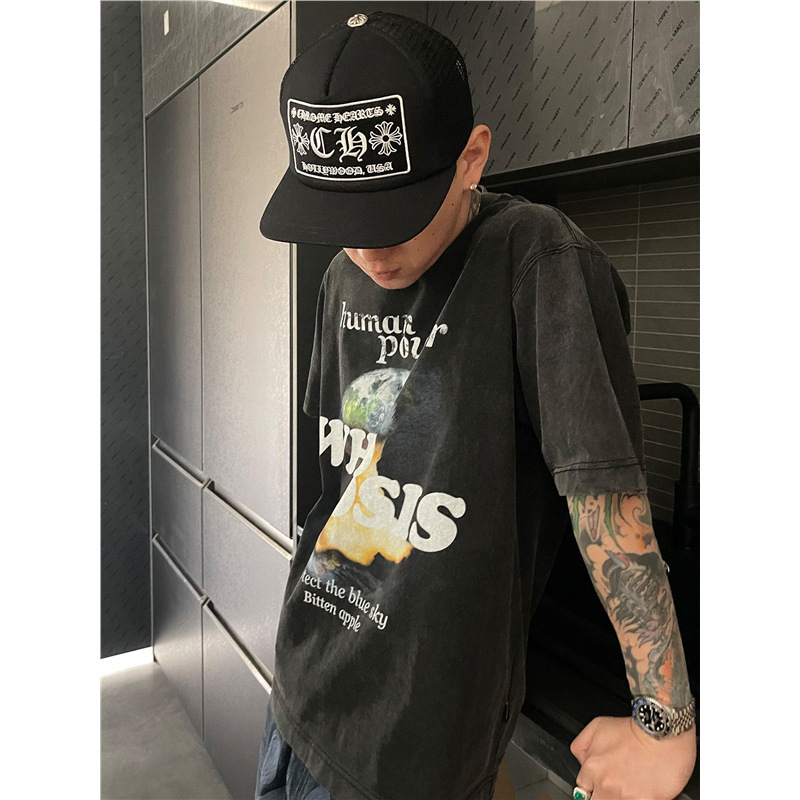 Zm Missing Earth Print Washed Short-Sleeve T-Shirt Retro Street Hip-Hop National Trend Unisex