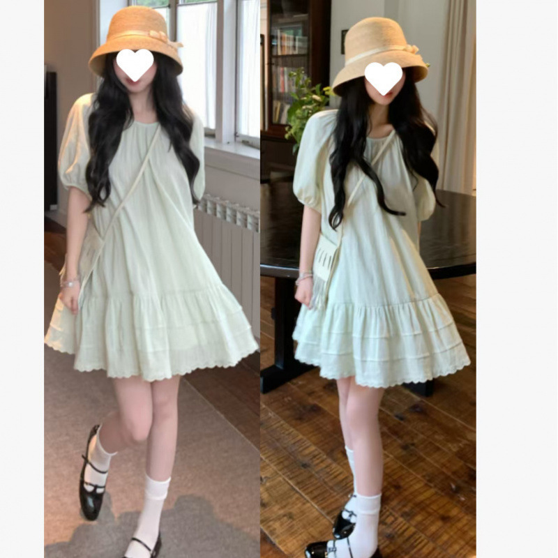 French-Style New Super Stylish Mint Green Dress with Summer Puff Sleeves and Loose Cake-Style Maternity Dress French-Style New Super Stylish Mint Green Dress with Summer Puff Sleeves and Loose Cake-Style Maternity Dress