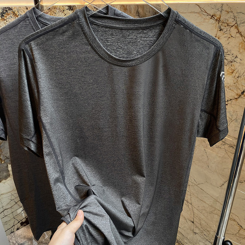 Quick-drying, light and breathable solid color round neck T-shirt for men, summer cool elastic casual style fitness running short sleeve