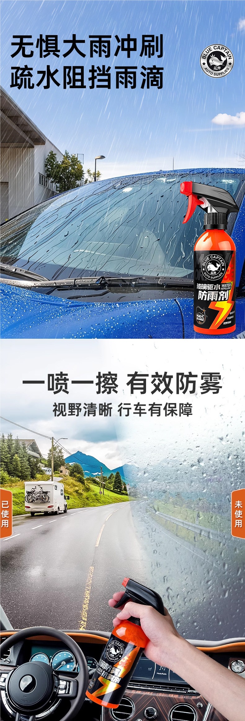 Rainproof spray for rearview mirrors, anti-rain spray for reflectors, waterproof and water-repellent film for rainy days, anti-fog agent for car glass