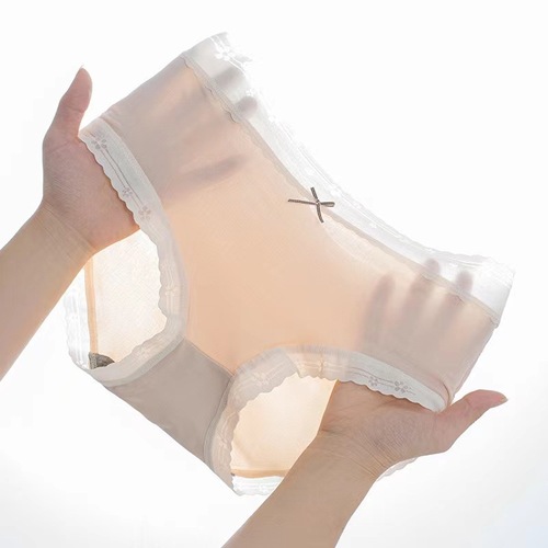 New women's ice silk underwear, high elasticity, contrasting color, sweet girly graphene breathable Japanese style mid-waist seamless briefs
