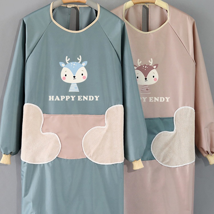 Kitchen Apron,Hand-wipeable Long-sleeved Apron,Waterproof Work Clothes Cartoon Deer Long-sleeved Smock