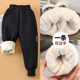 一体羊羔绒儿童加绒加厚休闲裤冬季新款男童棉裤冬季洋气运动卫裤