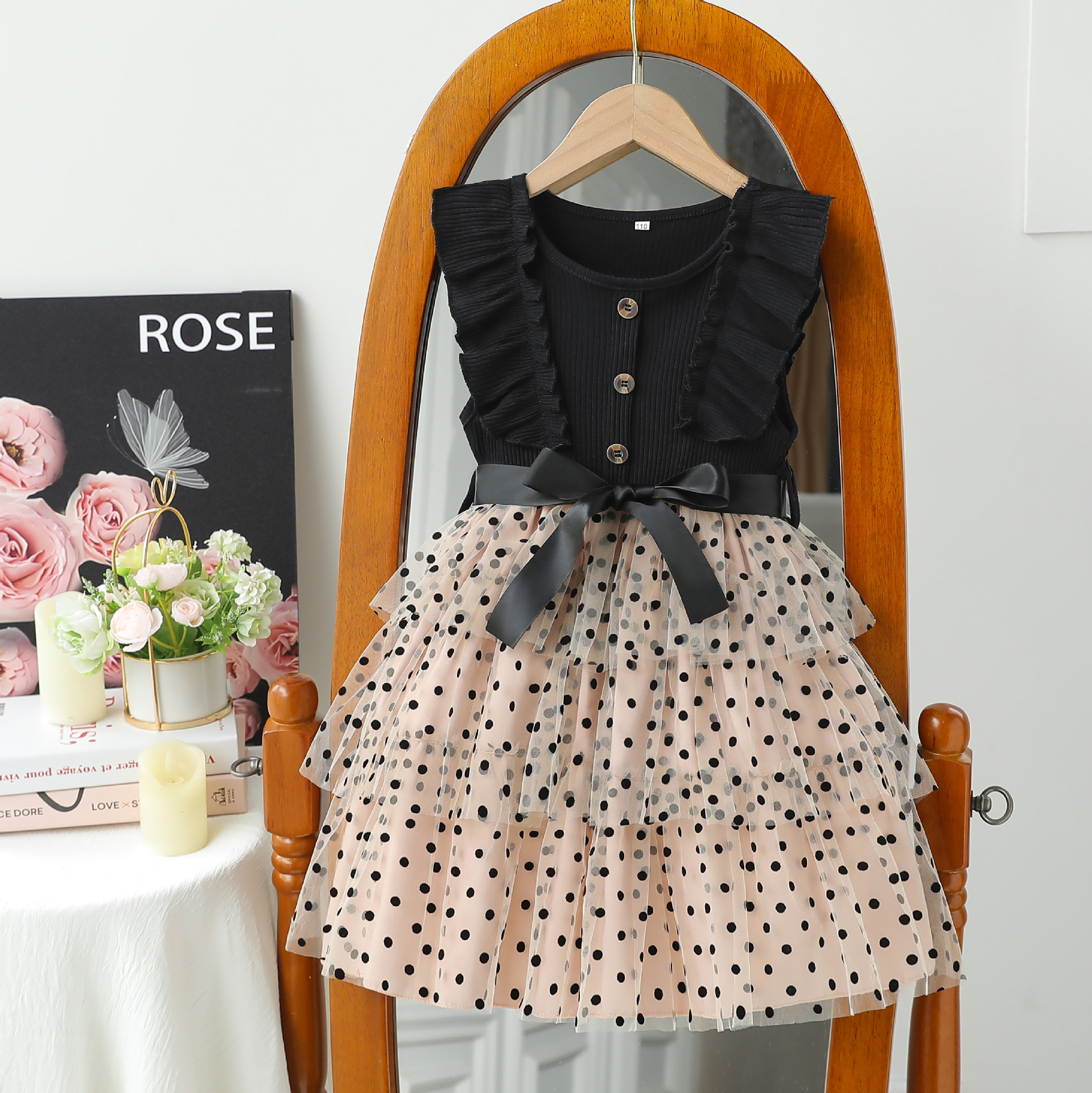 Halloween Wednesday Addams Black Dress for Girls, Cosplay Ball Performance Costume A-Line Skirt for Older Children