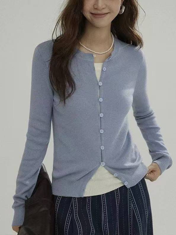 Joli Choos蓝色圆领假两件设计感针织毛衣女秋季修身显瘦小众上衣|undefined