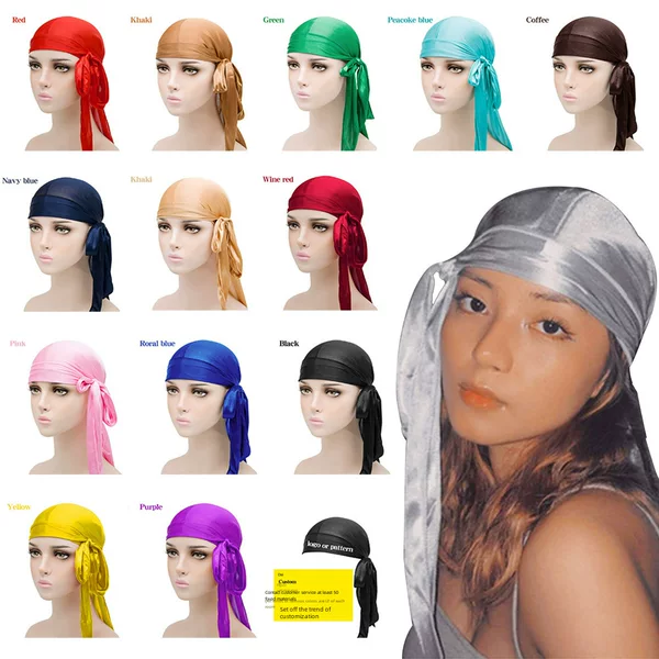European and American Best-Selling Men's and Women's Imitation Silk Long Tail Turban Hat Factory Direct Sales Silk Pirate Hat Silky Durag