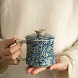 仿宋汝窑青花万花自在水杯茶杯陶瓷带盖办公杯家用高档茶具泡茶杯
