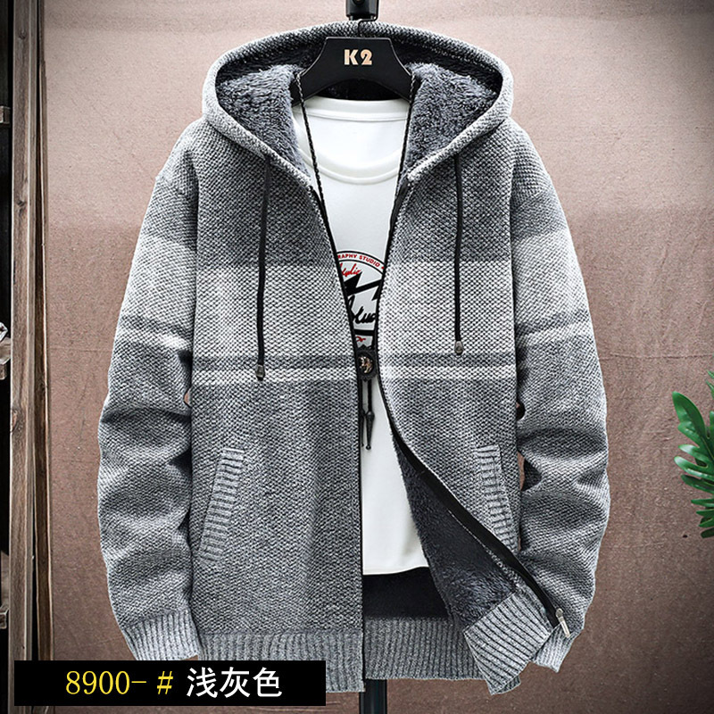 Suéter con Capucha para Hombre, Estilo Casual, Holgado, Forrado de Felpa, Grueso, de Manga Larga, Cárdigan de Punto, Otoño-Invierno