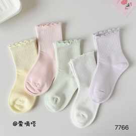 爱嘀嗒26秋冬新款儿童袜暖色系纯色花边中筒袜女童潮袜无骨袜透气
