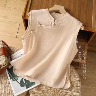 Actual Photos # Retro Literary Buttoned Cotton and Linen Tops Summer Chinese Style Tea Clothes Loose Printed Sleeveless Shirts for Women