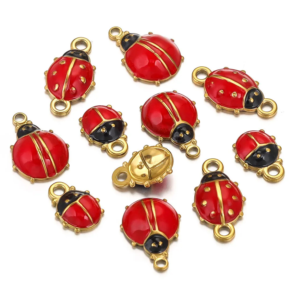PVD Coated Gold Plating Process 10 PCS/Package 12*16mm 304 Stainless Steel PVD Coated Real Gold Plated Ladybugs Pendant DIY Jewelry Accessories