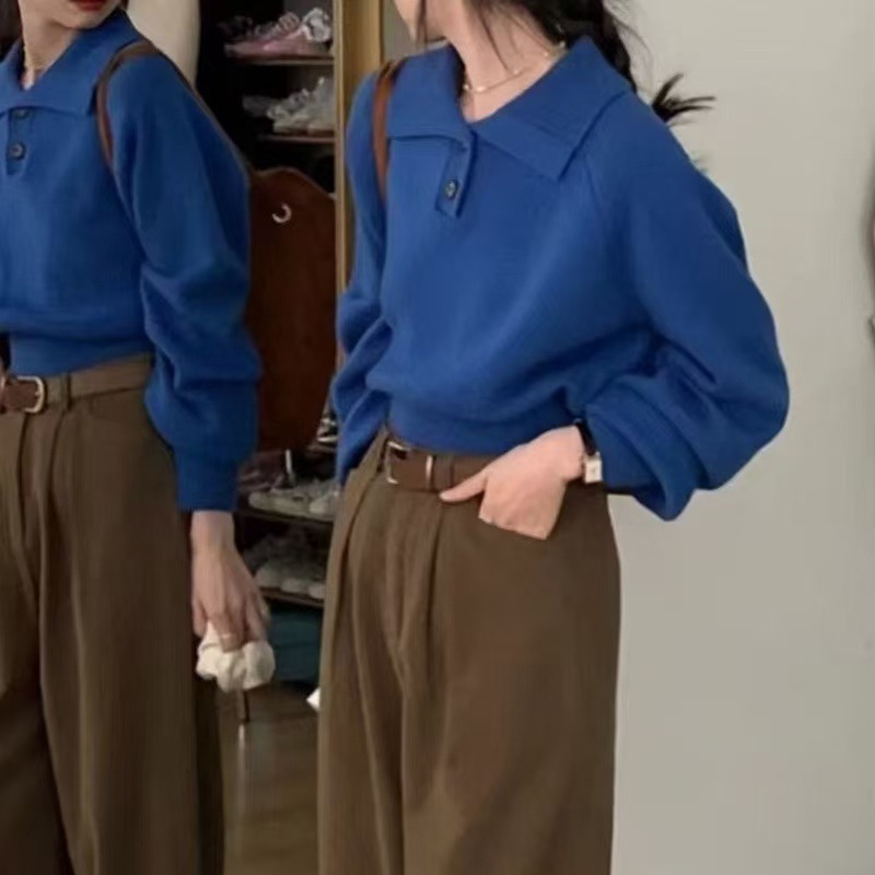 跨境外贸新款纯色polo领简约宽松休闲套头毛衣女基础款针织套衫|undefined