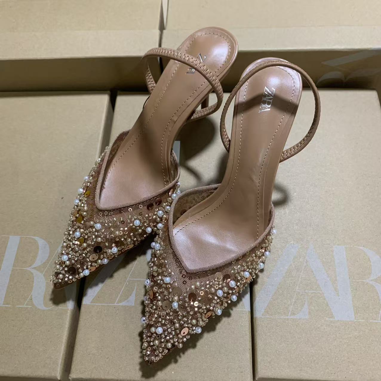 ZA2025夏季新品 女鞋 亮光水钻饰杏色网眼时尚气质露跟穆勒高跟鞋