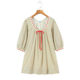 欧美批发2026春季新款女装法式红织带中袖慵懒连衣裙Y3-12850