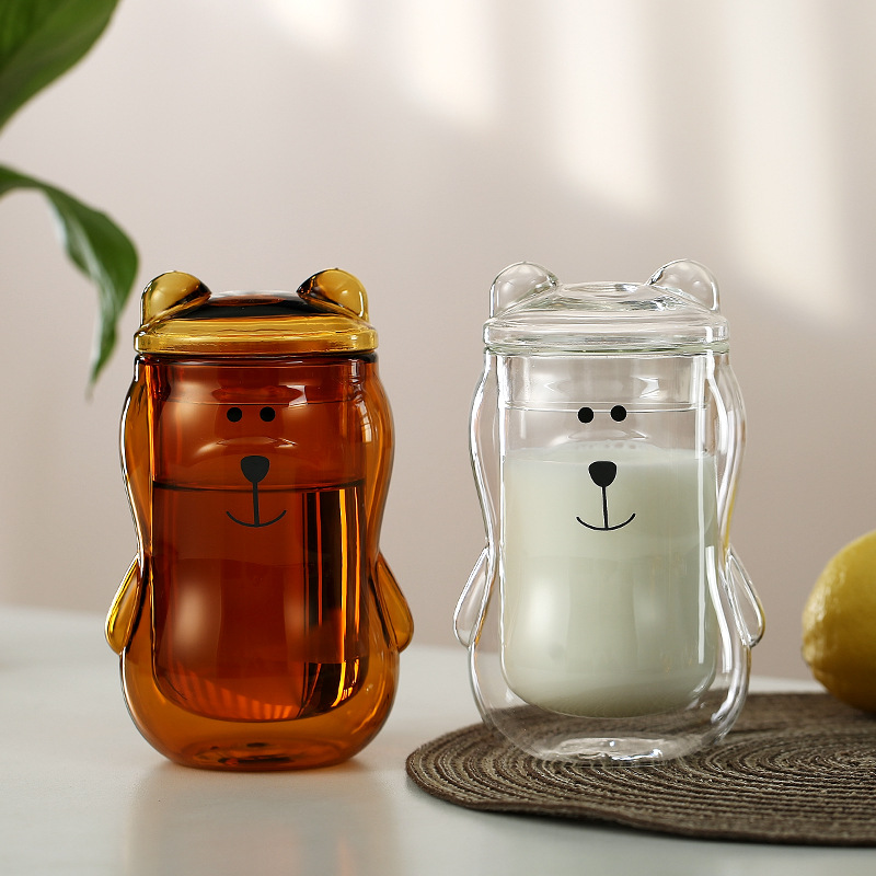 Color de doble capa de vidrio taza de dibujos animados hogar borosilicato vidrio taza de jugo de leche taza de té transparente vidrio oso agua