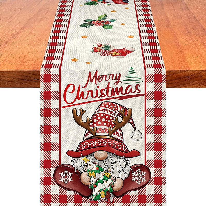 Camino de mesa navideño con estampado de muñeco de nieve y Santa