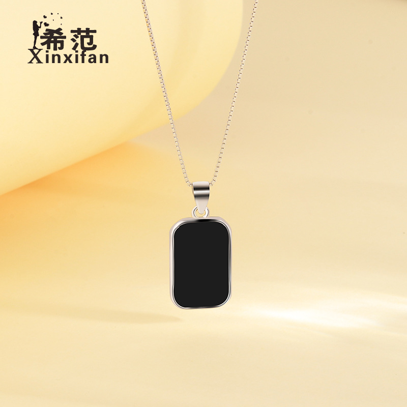 s925 Sterling Silver Black Square Brand Necklace 2022 New Female Advanced Design Sense Niche Clavicle Chain Geometric Jewelry