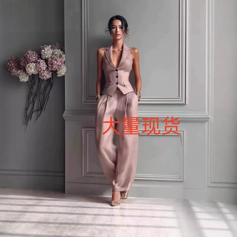 In Stock 2026 Amazon Hot-Selling Women's Two-Piece Set Sexy V-Neck Buttoned Vest Fashion Casual Outfit
