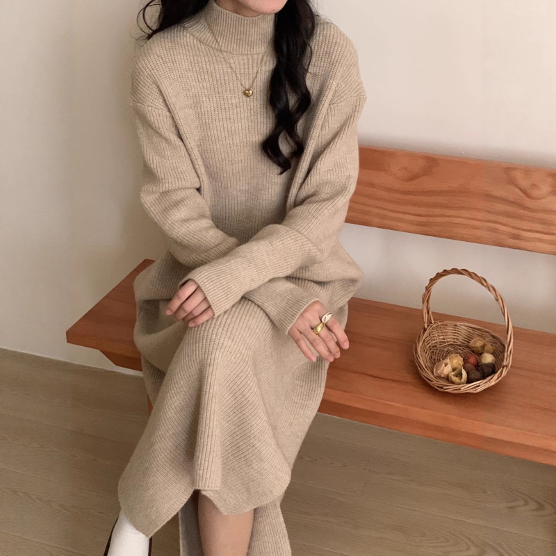 韩系简约半高领针织连衣裙女士秋冬新款加厚宽松慵懒打底毛衣长裙|undefined