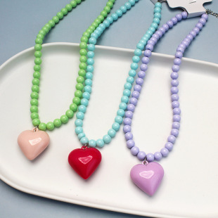 New Children's Dopamine Color Love Pendant Beaded Necklace Necklace Fashion Candy Color Bone Chain Cross-border Wholesale