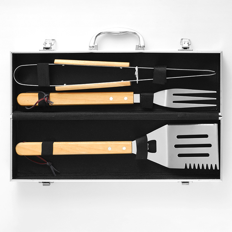 Conjunto de barbacoa de acero inoxidable patrón de bambú caja de aluminio conjunto de barbacoa conjunto de herramientas de barbacoa al aire libre de 3 piezas tenedor pala clip de combinación