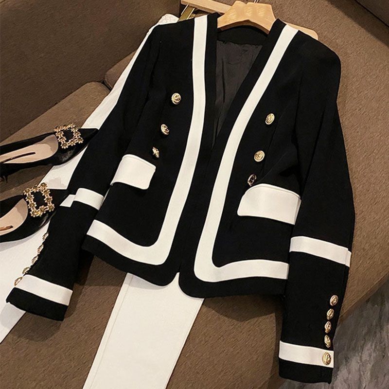 European Black and White Contrasting Color Suit for Women Early Autumn New Style Light Luxury Metal Buttoned Versatile Small Fragrance Jacket