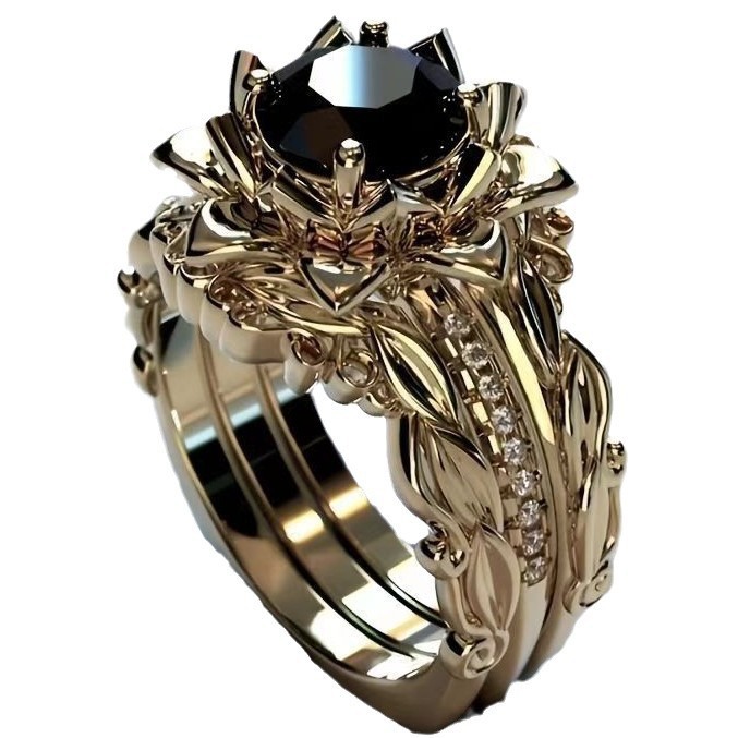 HUAJIE 국경 간 폭발 3 피스 링 뜨거운 판매 로즈 여성 세트 링 전기 도금 골드 상감 블랙 다이아몬드 쥬얼리
