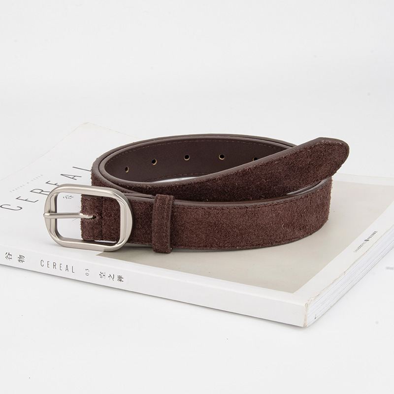 Matte 2.8cm Wide Women's Genuine Leather Belt, Cowhide Suede Trim For Jeans, High-End Pin Buckle British Retro Style - Thumbnail 3