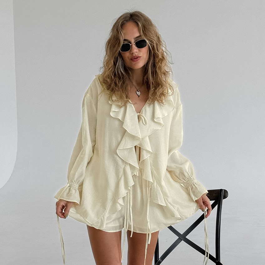 446g Weight Long Sleeve Sleeve Length Flat Yarn, Polyester Fabric Type Shorts Co-ord Set Sets Type 2 Pieces Set Quantity Holiday Occasion V Neck Neckline Comfort Function Regular Fit Fit Type Solid Color Pattern Summer Season Women's Gender Vacation, Simple Style Style Holiday Women's Vacation Simple Style Solid Color Flat Yarn Polyester Shorts Co-ord Set Shorts Sets 4