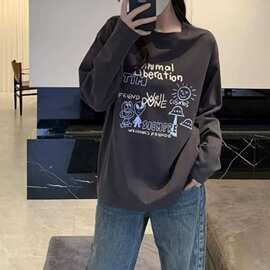 韩系初秋长袖新款WE11外星人印花宽松T恤情侣款卫衣打底上衣跨境