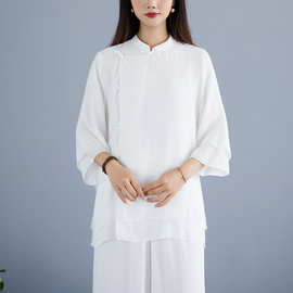 热销 禅修打坐服太极拳练功服春季复古棉麻禅意茶服瑜伽服套装