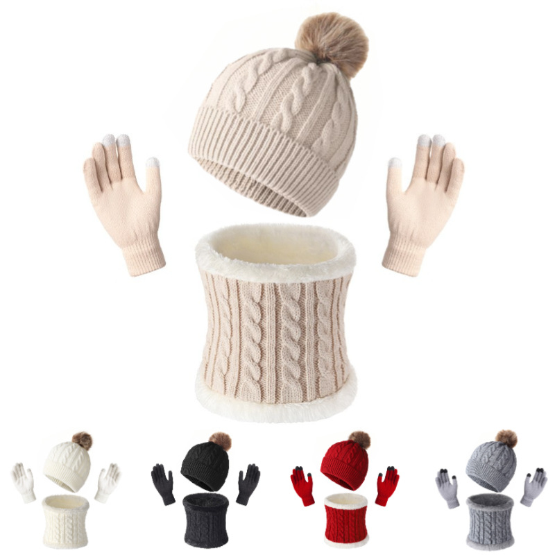 Foreign trade knitted hat, neck warmer, and gloves three-piece set for winter, unisex outdoor warm fleece-lined neck warmer and ear-protecting knitted hat