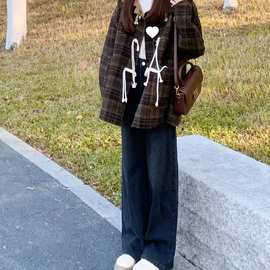 美式复古牛角扣大衣2025新款学院风设计感polo领格纹长袖外套女秋