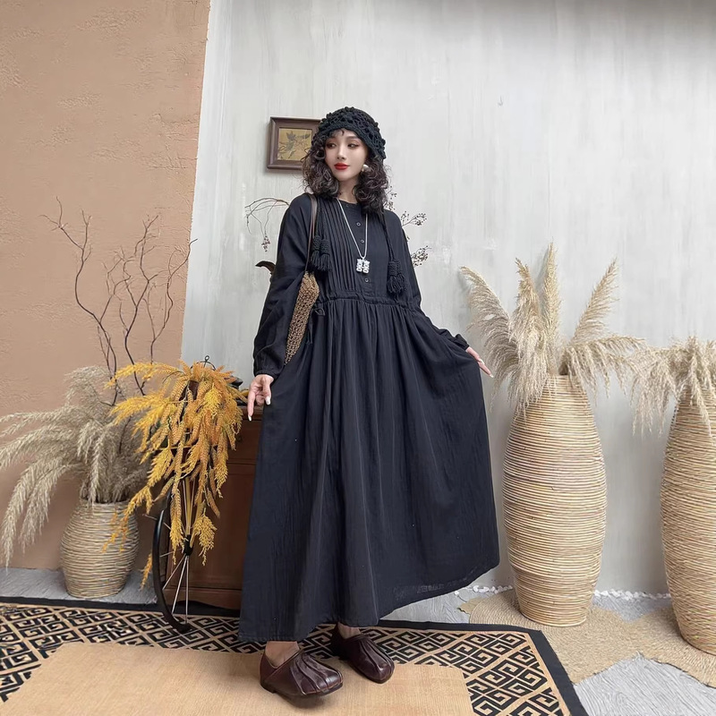 2026 Spring Collection Plus Size Women's Cotton Linen Long Solid Color Dress with Lace Trim