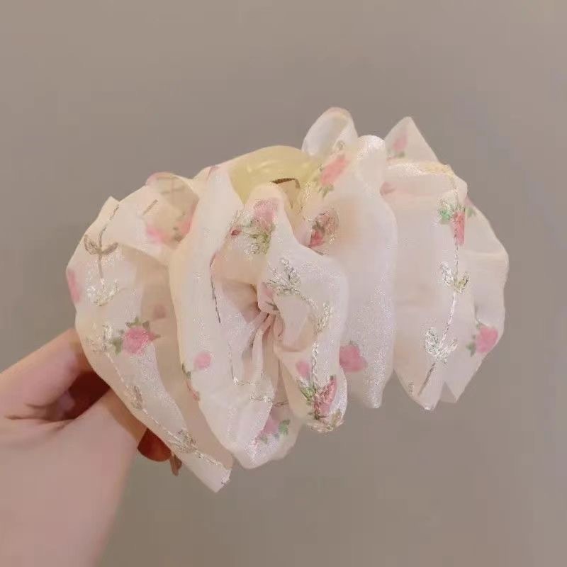 白色网纱珍珠蝴蝶结抓夹夏季新款气质高级感发夹发饰后脑勺盘发夹|undefined